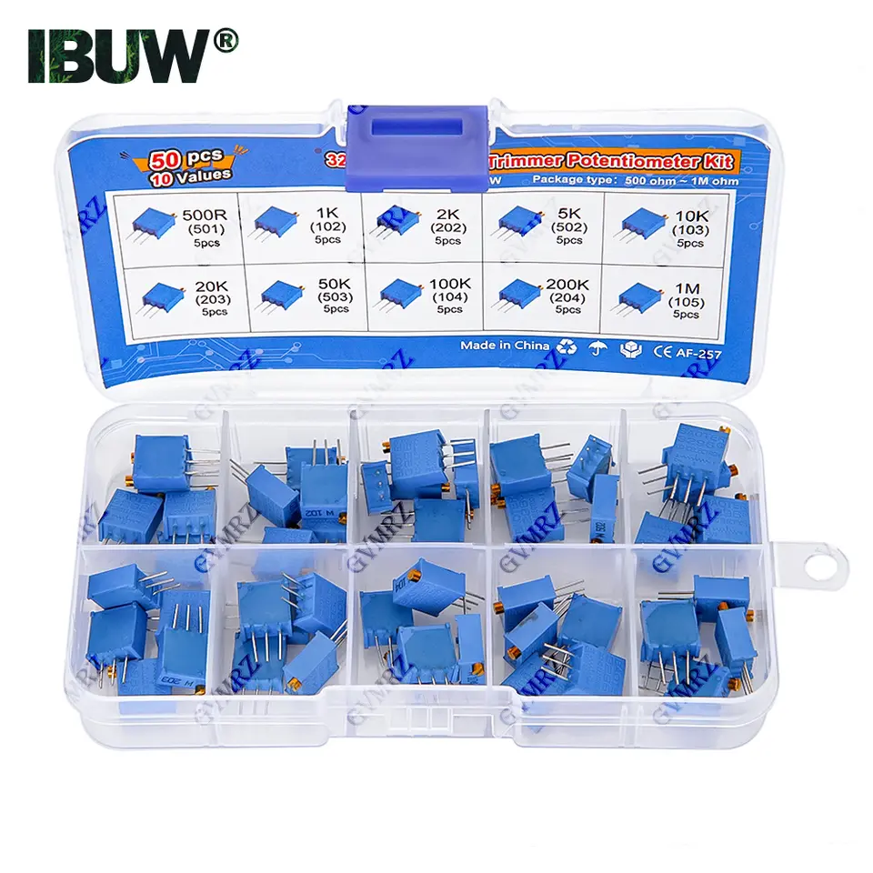 50PCS 10Values 3296W Multiturn Trimmer Potentiometer Kit (500Ω-1MΩ) in Box for Precision Circuit Tuning & Electronics DIY image 3