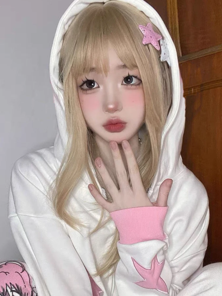 

2023 Y2k Aesthetic Harajuku Moletom Feminino Star Patchwork Loose Zipper Vintage Hoodie Kawaii All Match Casual Oversized Hoodie