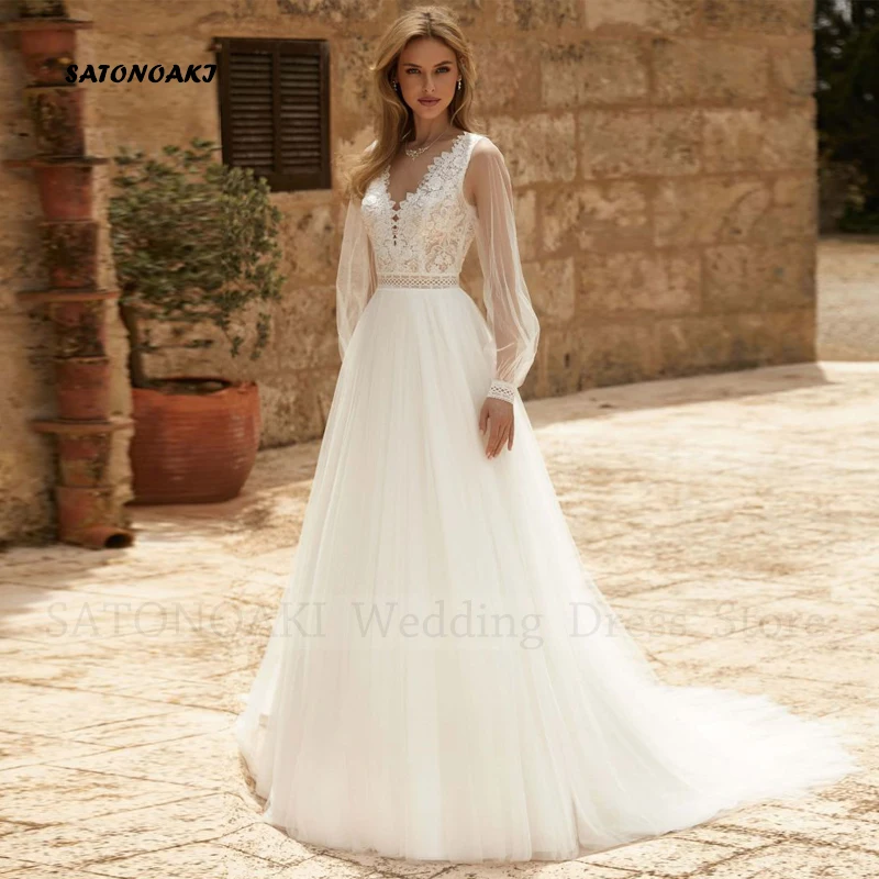 

Женское свадебное платье It's yiiya, белое кружевное платье с V-образным вырезом, а-силуэт, открытой спиной и пышными рукавами на лето