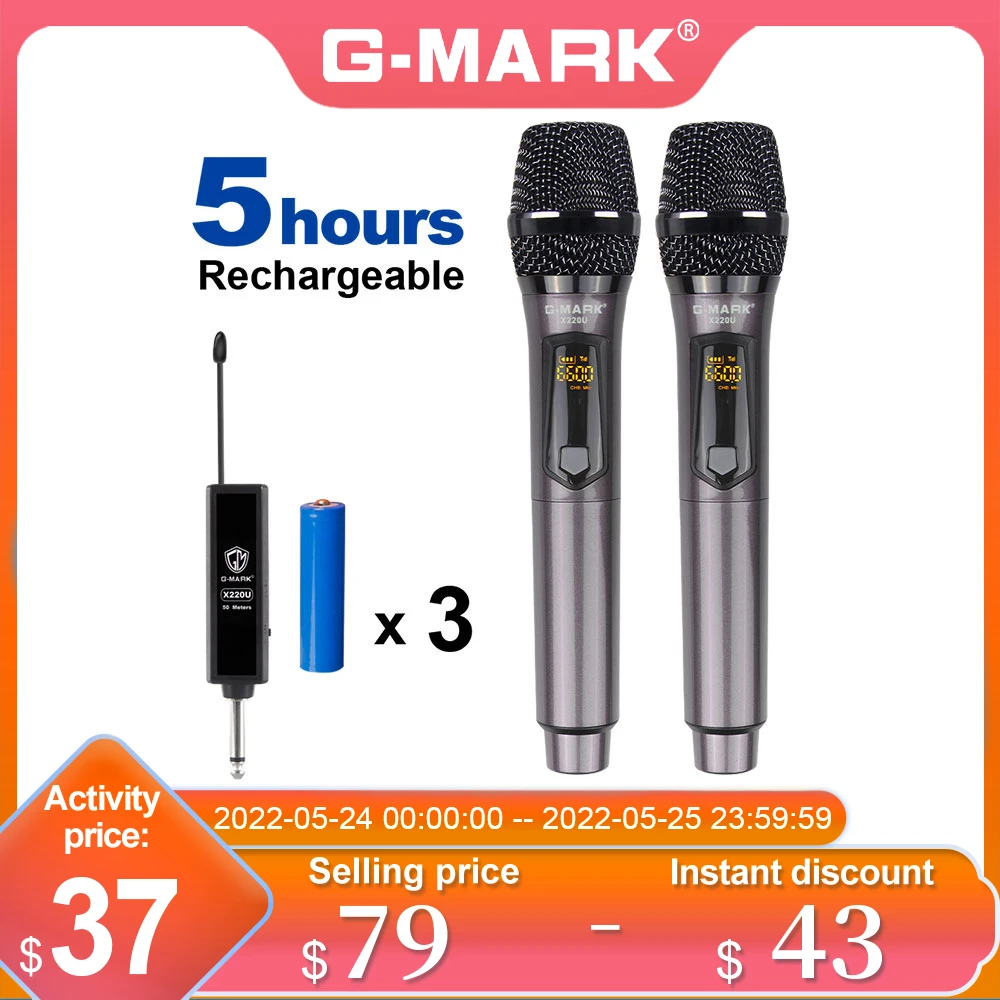 Wireless Microphone G-MARK X220U UHF Recording Karaoke Handheld With Rechargeable Lithium Battery Receiver studio microphone