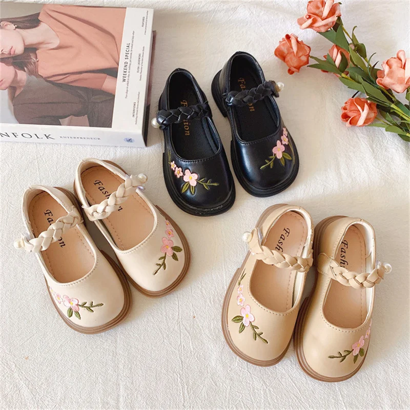 

Retro Embroidery Children PU Leather Shoes Fashion Girls Mary Jane Shoes Non-slip Autumn Casual Flats 4-12y Kids Dress Shoes