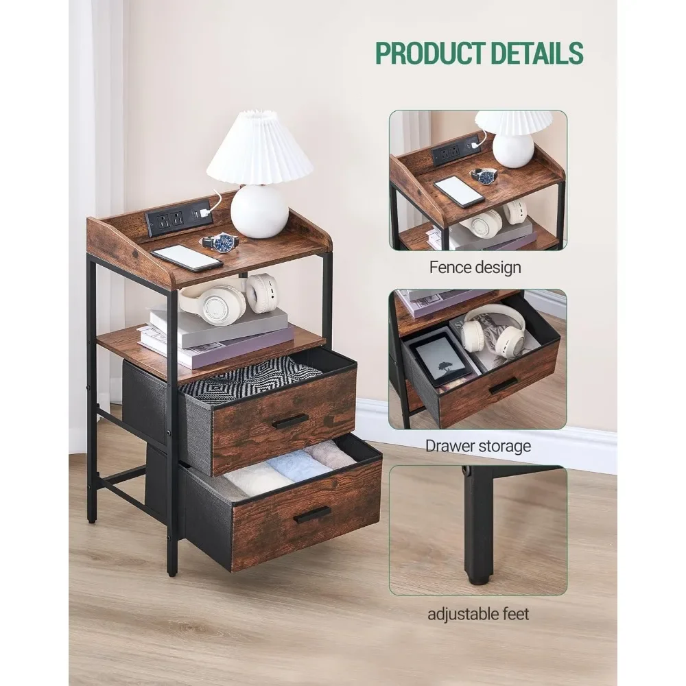 Description Picture 6 of itemNightstands Set of 2 with LED Lights and Charging Station,End Table with 2 Fabric Storage Drawers and Shelves, Modern Side Table