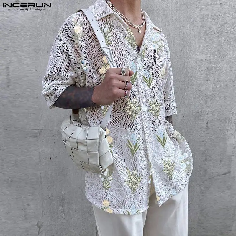 Stylish Casual Style Tops INCERUN Men's See-through Tracery Printing Pattern Blouse Male Hot Selling Short Sleeved Shirts S-5XL best selling pattern summer men s polo shirt suit 3d printing high end casual sportswear shorts short sleeved two piece set s 3x