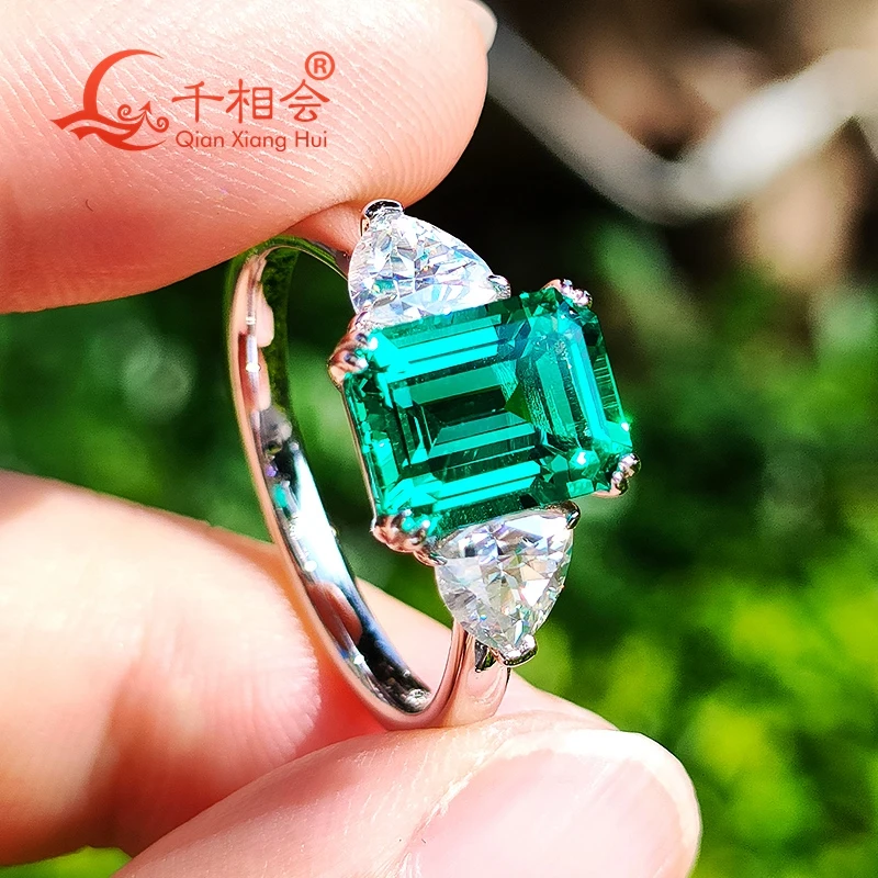 Bague en argent 925 de couleur vert émeraude avec trillions de