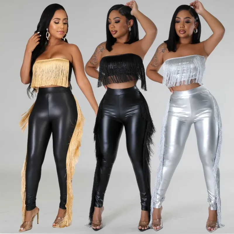 Women Metallic Gilding Tassel Slim 2 Piece Set Sleeveless Strapless Crop Top High Waist Skinny Pants Sexy Club Party Streetwear mini dress 90s women sheeny draped summer party wedding guest homecoming slip sleeveless satin sexy a line fitted waist cocktail dress xs light coffee