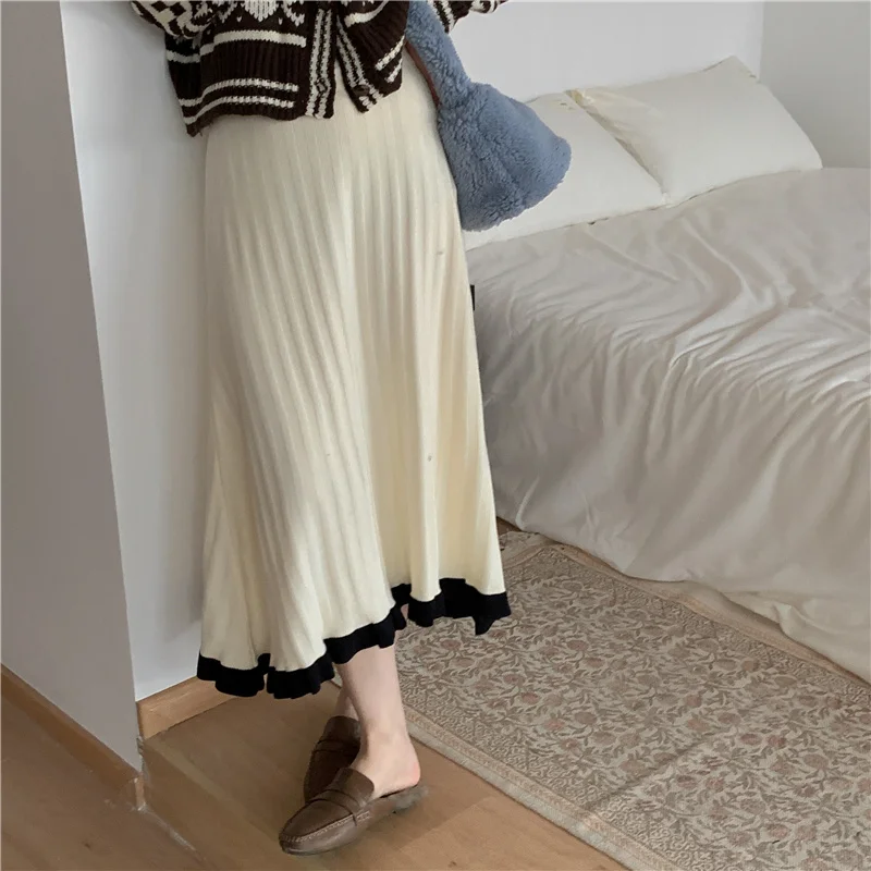 

Vintage Patchwork Knitted Skirts Thick Women Autumn Winter Elastic High Waist A-line Sweater Skirt Female Casual Midi Skirt P082