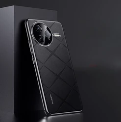 Luxury Leather Phone Case with Plating Camera Lens Protection for POCO F7 Pro (Black)