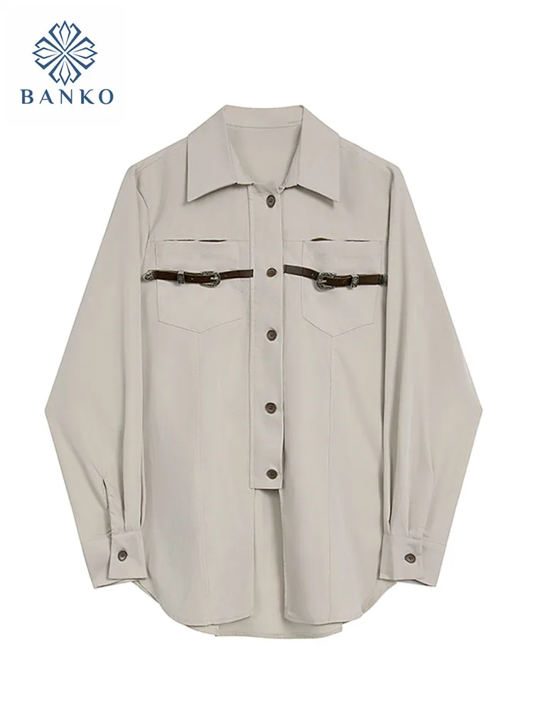 

Женская винтажная рубашка с отложным воротником, Повседневная Базовая Блузка с поясом, Y2K