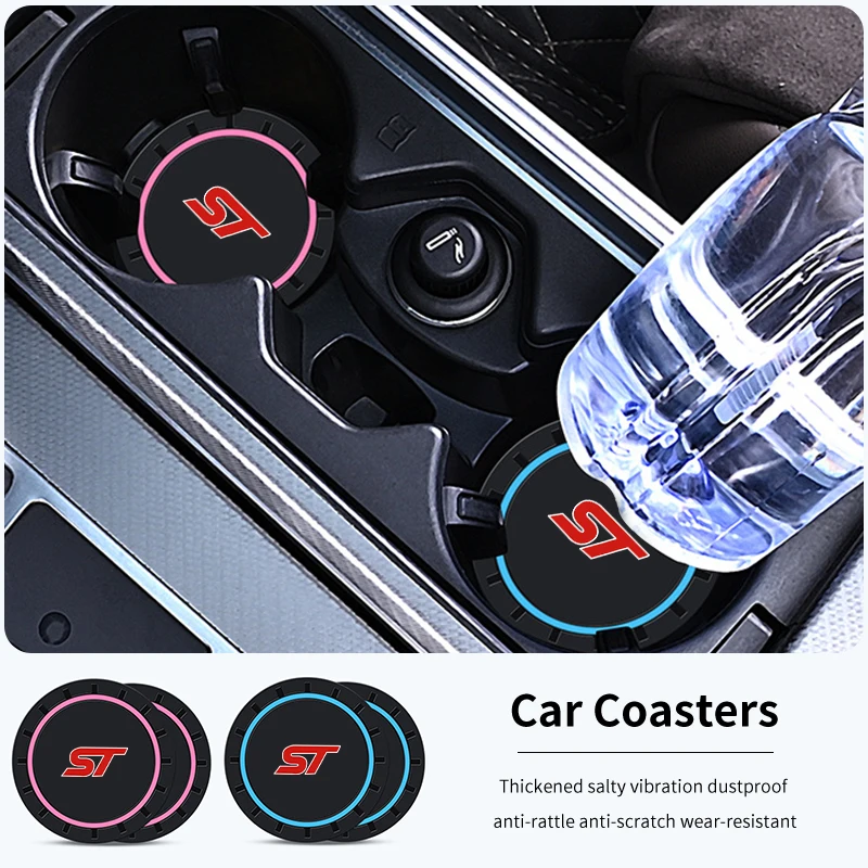 Car Coasters Non-Slip Waterproof Cup Pad For Ford ST Racing RS S Kuga Fiesta Fusion Mondeo Edge Focus 2PCS