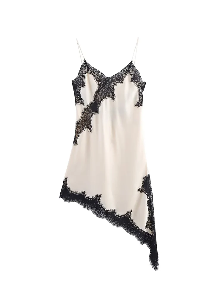 Sexy Female Lace Suspenders Asymmetrical Dresses Backless V Neck Hollow Lace Spliced Party Dress Women 2025 Holiday Dress