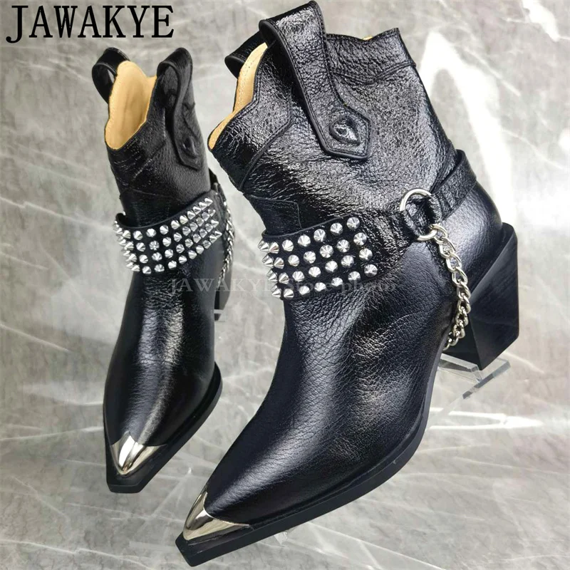 

Metal Pointy Toe Chunky Heel Chelsea Ankle Boots Women Genuine Leather Rivet Boots Fashion Short Boots Cowboy Knight Boots Woman