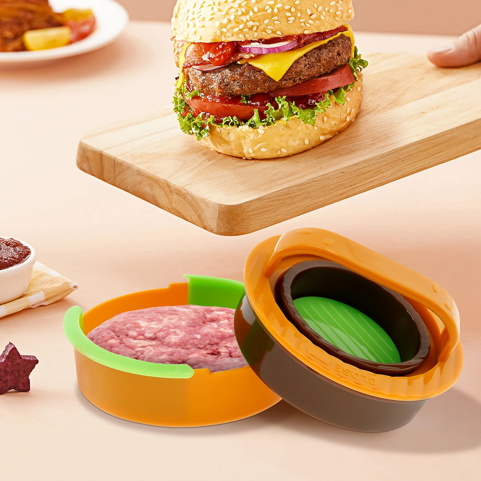 3 in1 Hamburger Press Round Shape Non-Stick Stuffed Burger Patties Beef Grill Pie Press Mould Maker Kitchen Gadget to Make Patty