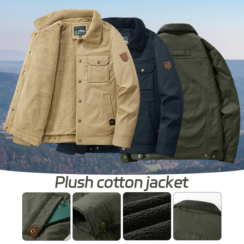 Men's Lapel Thicken Plush Jacket Pilot Military Jacket Button Embroidered Coat Oversized Casual Army Bomber Tactical Jackets