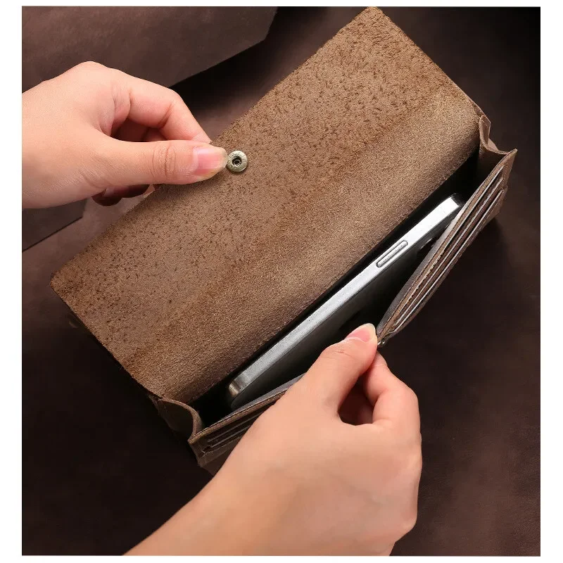 Vintage Crazy Horse Leather Wallet - Multi-Functional Long Handbag & Card Holder
