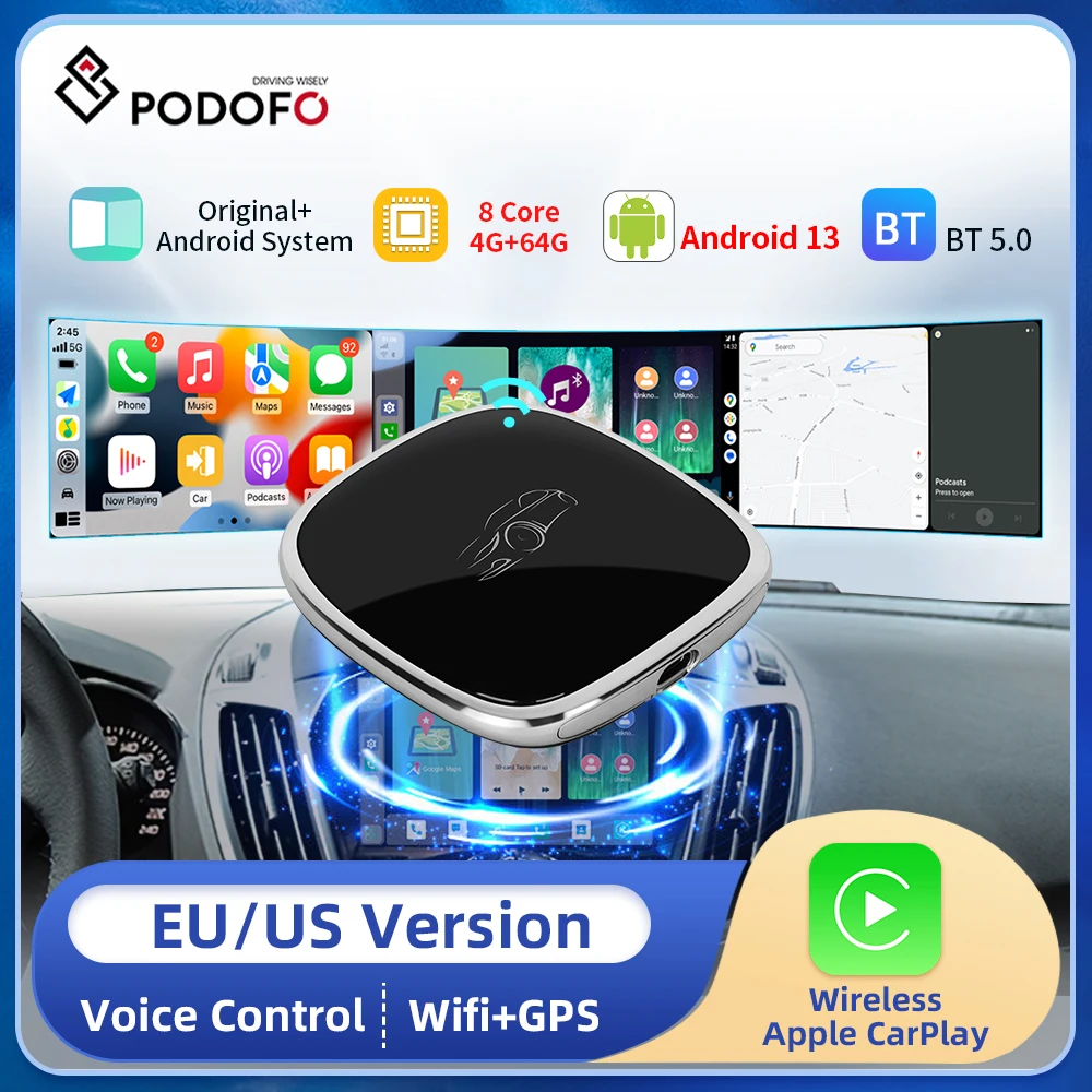 Podofo Wireless Carplay Ai Box Android Auto Adapter Carplay Mini Box Android13 4+64G For Car with OEM CarPlay For Toyota Hyundai