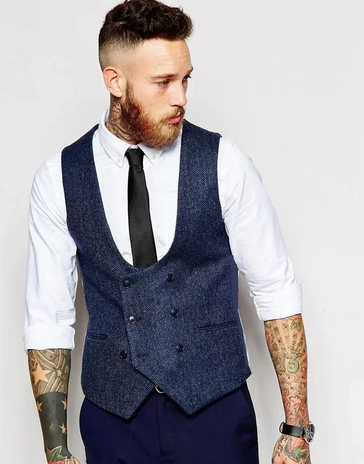 

2024 Blue Double Breasted Tweed Men Vest Warm Elegant Waistcoat Fashion Slim Fit Formal Custom Stylish Vestidos Costume Homme