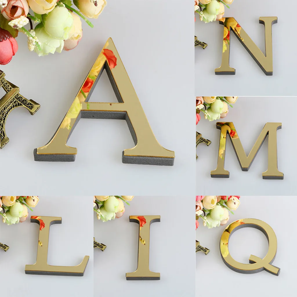 Wall Stickers 10/15cm 3D Mirror Letters Wall Stickers For Name Alphabet Wedding English Wall Home Decor Gold Color Sticker DIY