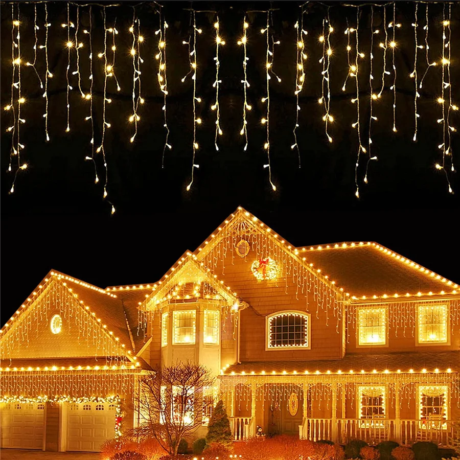 thumbnail image 1 of Guirnalda navideña de luces LED de 4 m para exteriores, resistente al agua, con forma de carámbano, para decoración de aleros de jardín, balcón, vallas y centros comerciales, 1 of 5