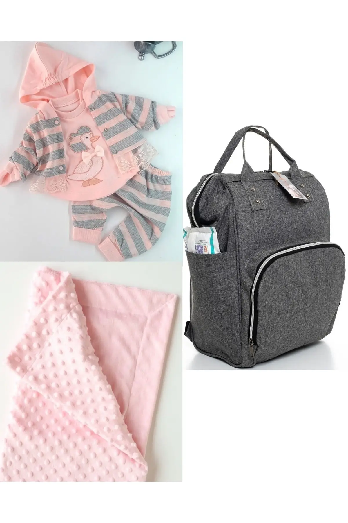 

Functional Mother Baby Care Backpack, 100% Cotton Hospital Exit And Chickpea Blanket Set Cotton Pink