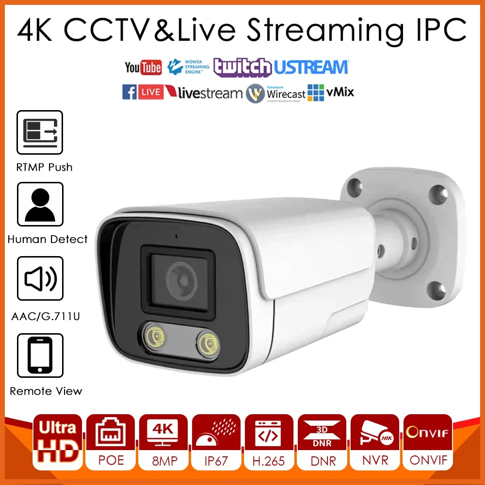 4K 8MP IMX415 POE Bullet IP Camera  Broadcast Streaming Push Live Video To YouTube Facebook Vimeo Etc Fixed Lens Compact Onvif