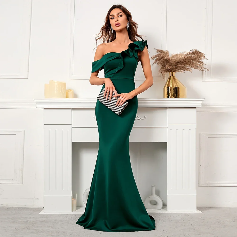 

Elegant Women One Shoulder Evening Dress 2024 Green Ruffles Celebrity Maxi Dress Sexy Slash Neck Long Party Dress