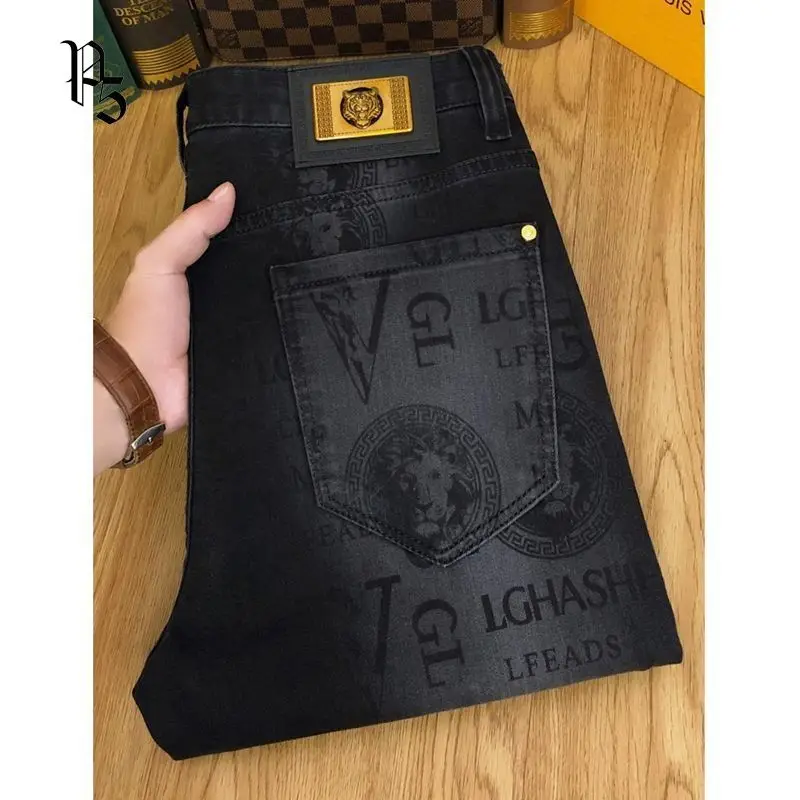 Spring and Autumn Korean Slim Jeans for Men 2025 High-end Luxury Clothing Black Printing Mid-waist Stretch Casual Pencil Pants 3
