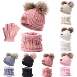 Winter Children's Neckerchief Hat Gloves 3-Piece Set Pompon Knitted Hat Warm Velvet Padded Thickened Bandana winter hat for kids