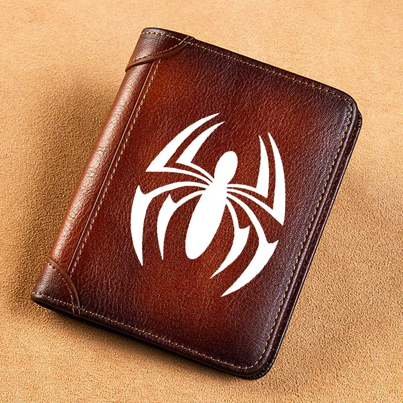 

High Quality Genuine Leather Men Wallets White Spider Sign Printing Short Card Holder Purse Billfold Men's Wallet