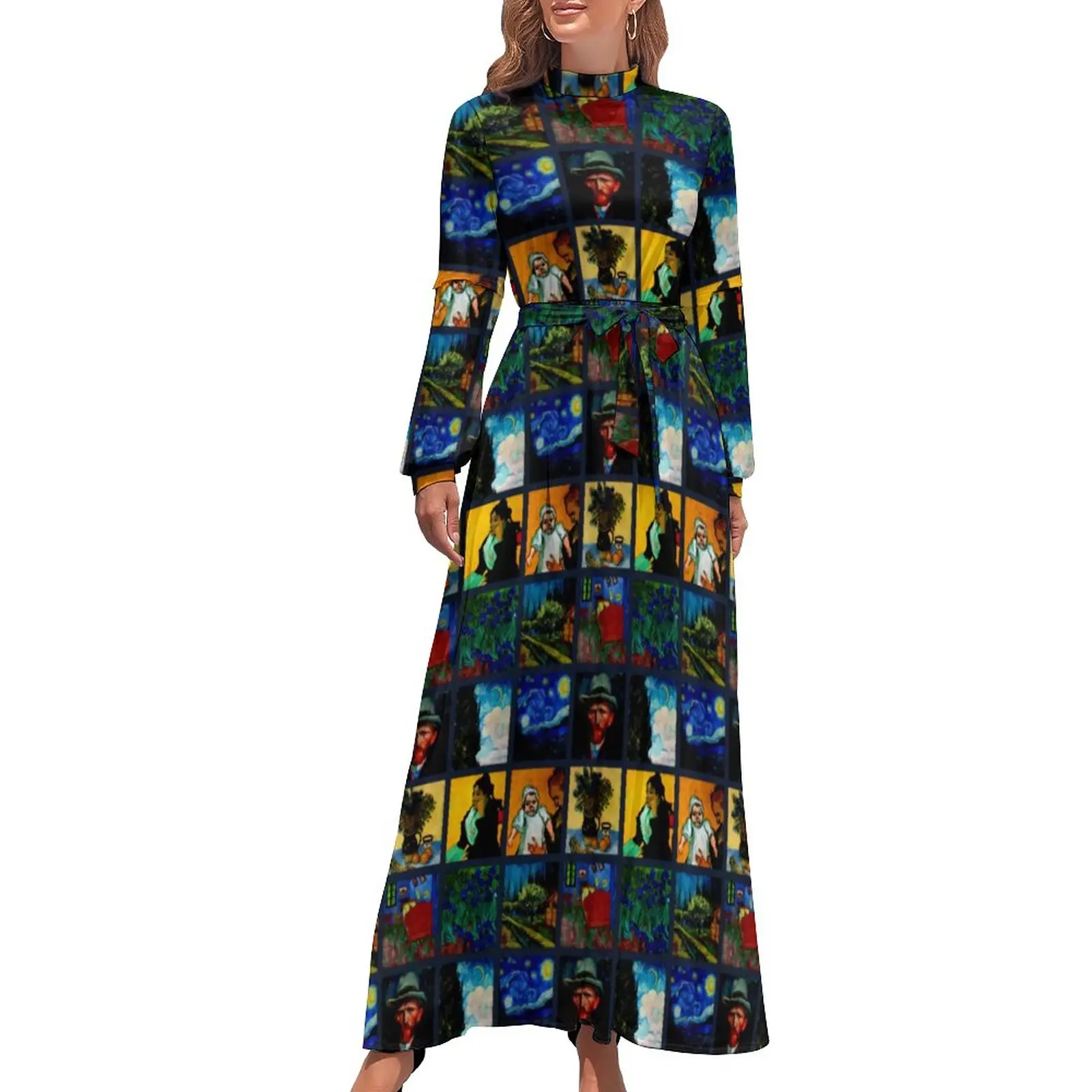 

Van Gogh Dress Long-Sleeve Let Us Crazy Cute Maxi Dress High Waist Korean Fashion Printed Bohemia Long Dresses Gift