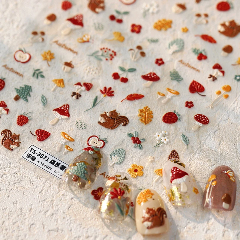 Squirrel Mushroom Apple Strawberry Cherry Pinecone Ginkgo Leaf Self Adhesive Nail Art Stickers Butterfly Flower Manicure Decals nail stickers,nail art decoration,nail decals,flower stickers