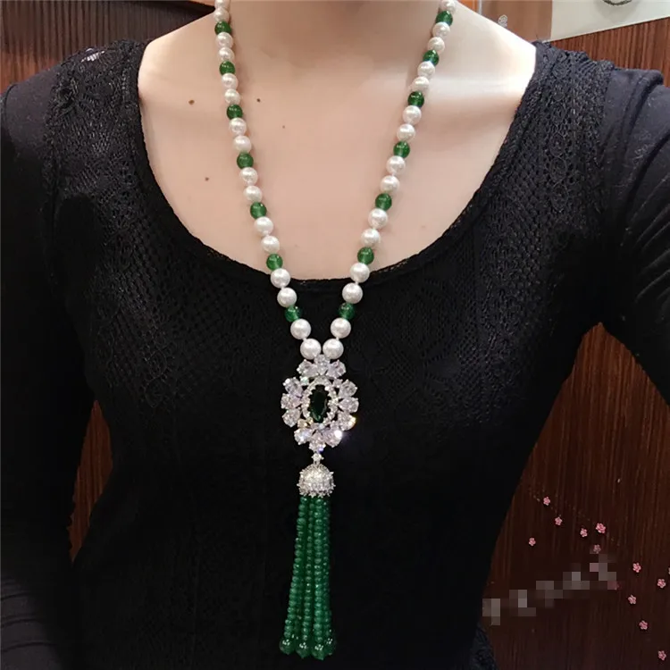 Hand knotted new natural 9-10mm white freshwater pearl inlaid green red stone long tassel necklace sweater chain fashion jewelry
