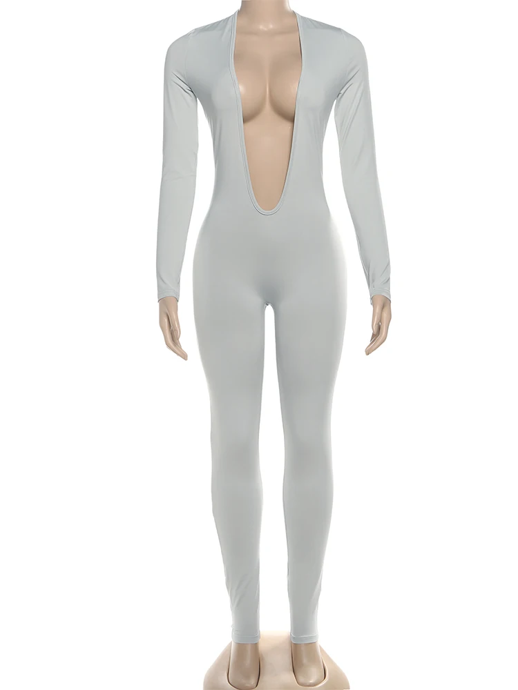 Nibber Backless Jumpsuit Women Deep v-Neck Long Sleeve Solid Skinny High Stretch Sexy Midnight Coquette Basis Wild Fall Outfits