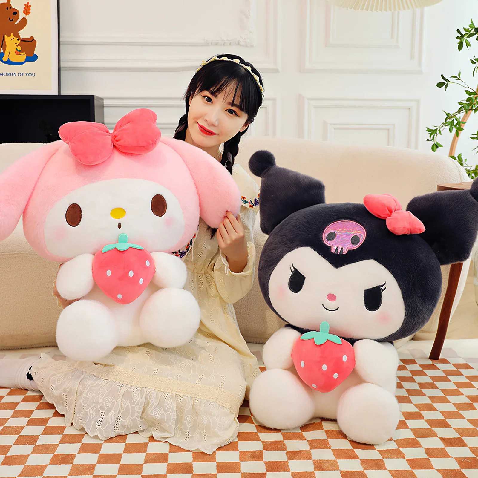 60cm Cute Sanrio Kuromi Plush Toy Kawaii Strawberry My Melody Plushies Soft Stuffed Doll Little Devil Pillow Cushion Girls Gift