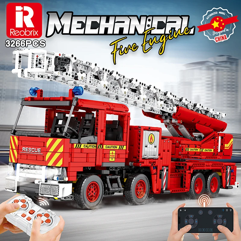 Reobrix 3266Pcs Telecomando Tecnico Motorizzato Fire Engineering Ladder Truck Fire Rescue Car Model Building Blocks App