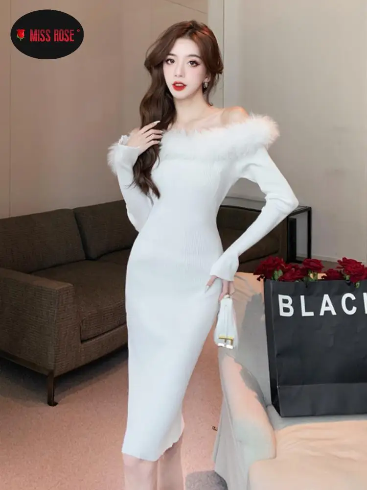

Slash Fur Neck Slim Knitted Dresses Women White Elastic Stretch Dress Hip Skinny Sexy Club Date Evening Banquet Social Vestiods