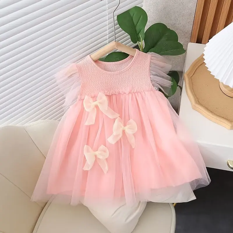 Summer Baby Kids Mesh Bow Princess Dress Vestidos For Girl Party Gown Dress Baby Net Yarn Clothes 2 3 4 T