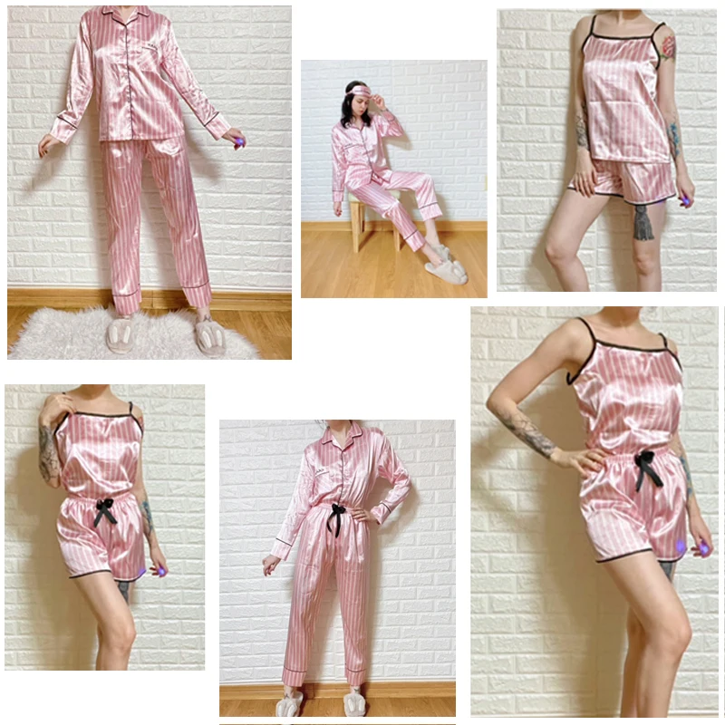 Pink Women's 7 Pieces Pajamas Sets Faux Silk Striped Pyjama Women Sleepwear Spring Summer Autumn Homewear Lounge Home Clothes women pajamas set,women pajama suit