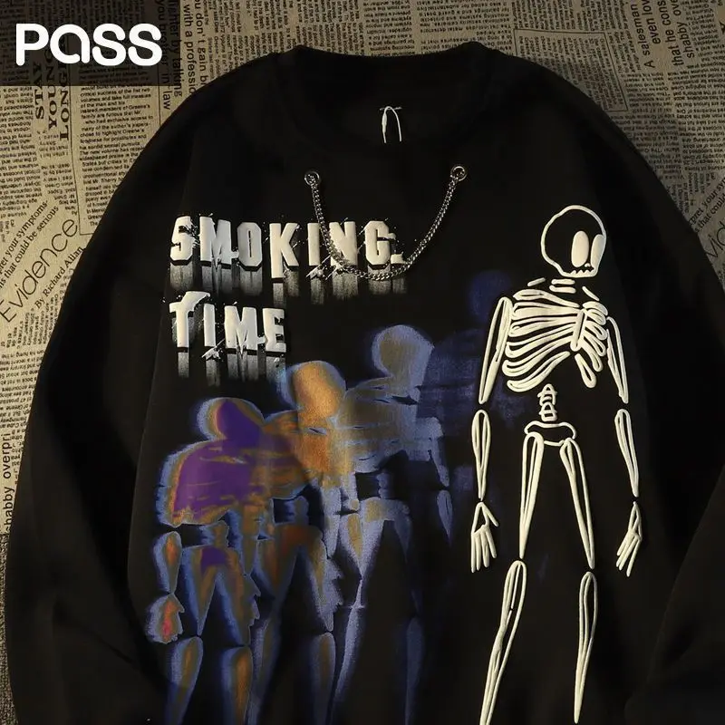 

Свитшот мужской оверсайз с принтом черепа и цепочкой, в стиле Харадзюку