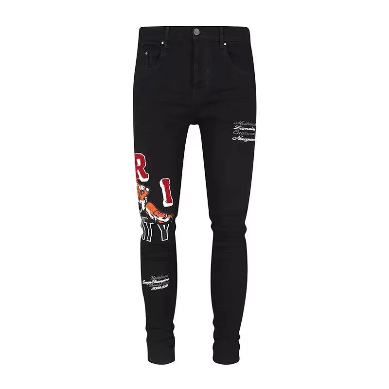 

Latest Designer High Street Fashion New Elastic Tiger Pattern Jeans Slim Fit Elastic Retro Wash Black Hole Patch Jeans Hip Hop B