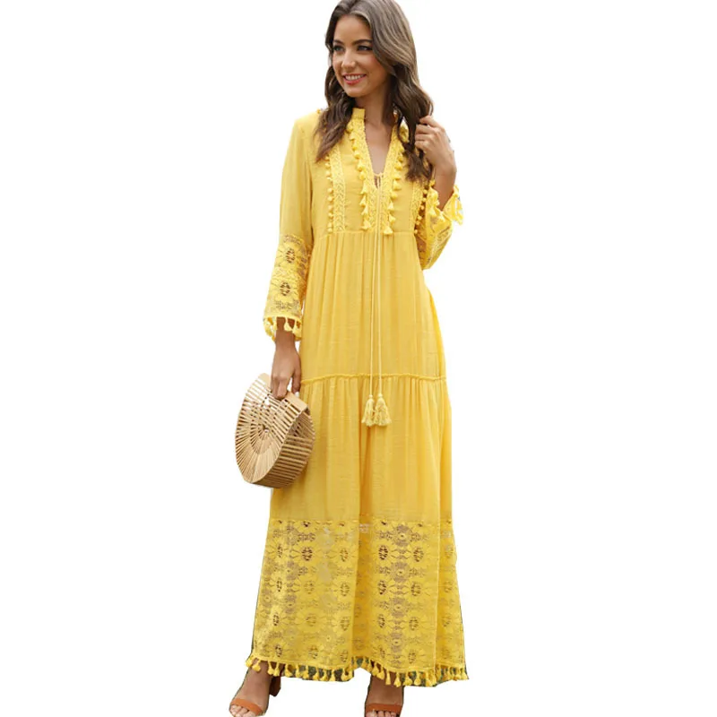 Ladies Bohemian V-Neck Tassel Large Size Casual Dress Women Lace Solid Fashion Dress Elegant Robe Boho Holiday Long Dress 6