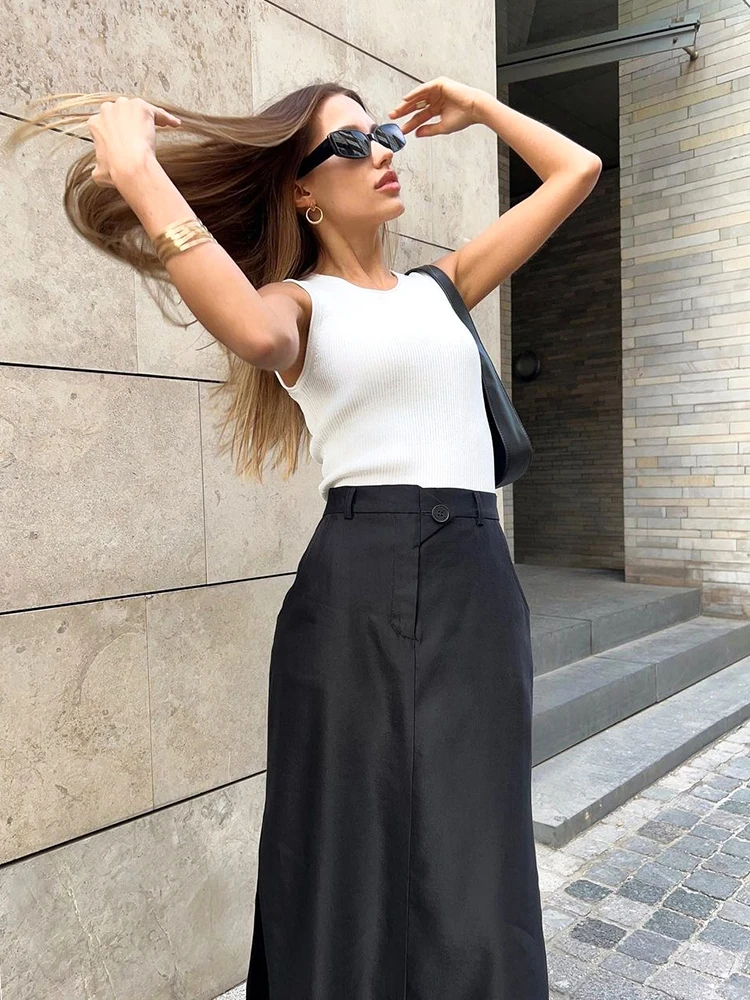 Mnealways18 Black Loose Long Skirts Women A-Line Zip Skirts