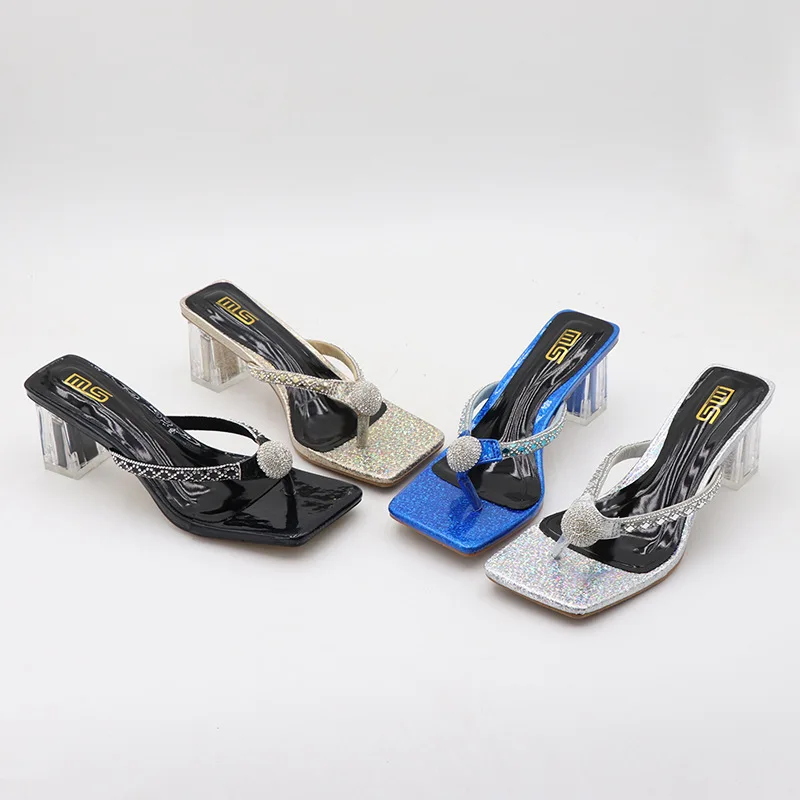 

Female Shoes Square Toe Glitter Slides Rubber Flip Flops Slippers Heels Low Big Size 2023 Jelly Hawaiian Block High Transparent