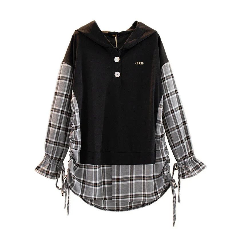 

New Women Hoodies Fake Two Pieces Oversized Plaid Sleeve Patchwork Hoody Sweatshirts Harajuku Streetwear Female Hoodies Shirts