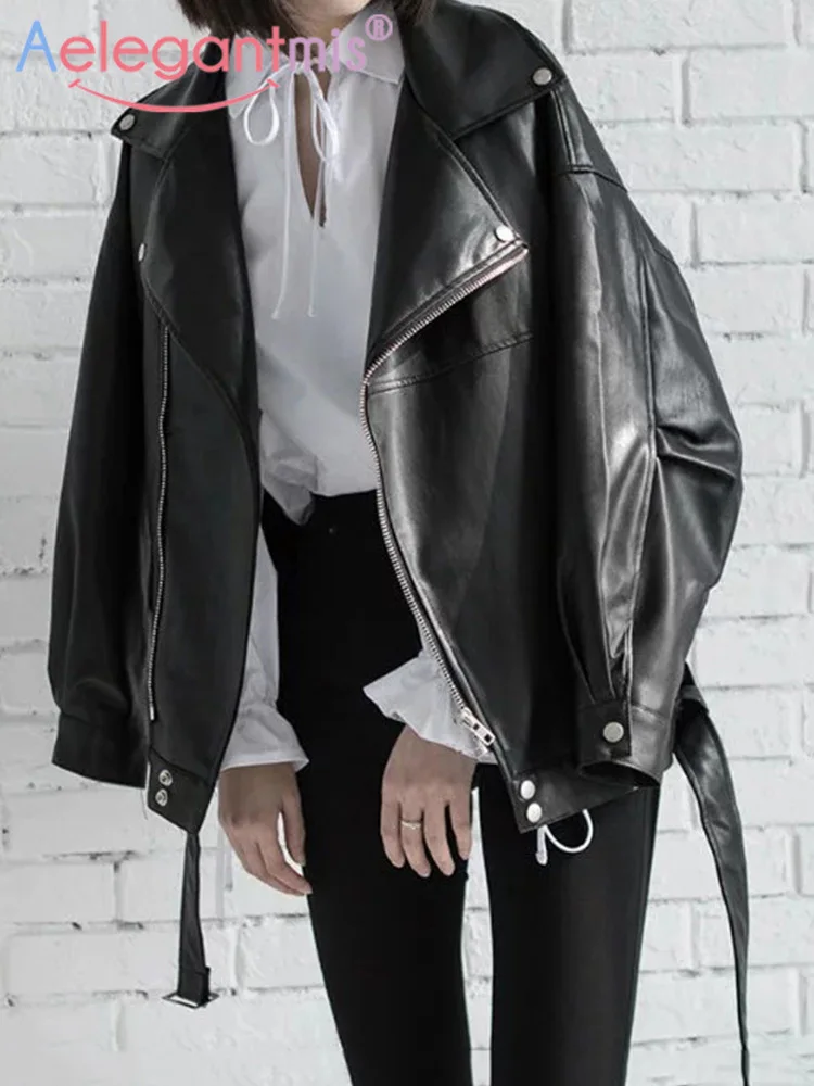 Aelegantmis Loose Women Soft Faux Leather Jacket With Belt Black Pu Leather Biker Jacket Lady Basic Coat Street Casual Outerwear