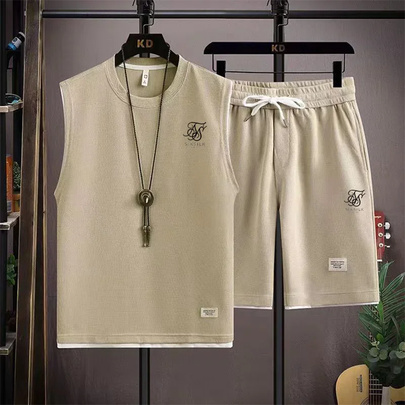 2024 جديد الهراء النسيج سترة دون أكمام مجموعة الرجال الصيف مجموعة رياضية غير رسمية تنفس فضفاض الذكور سترة والسراويل 2 قطعة بدلة رياضية