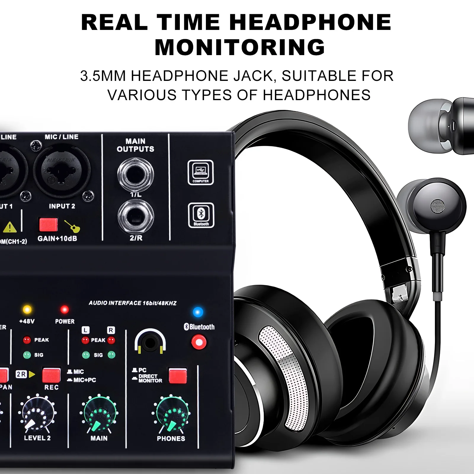 Mini Audio Mixer 2 Channels Portable Live Sound Card Board Console System 48V Phantom Power 16 BIT 48KHZ DJ Mixer