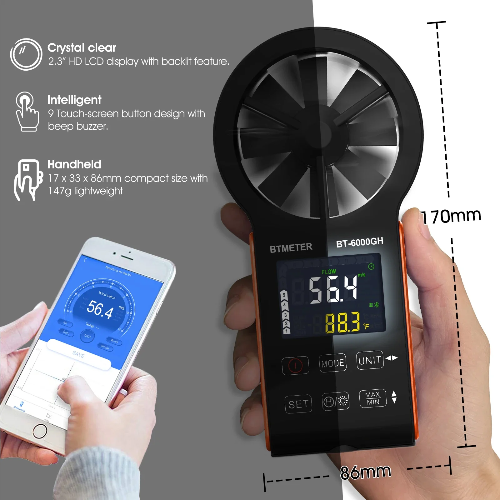Фото Цифровой анемометр BTMETER, скорость ветра 0,3-30 м/с, сенсорная клавиша, перезаряжаемая температура, средняя, Макс и мин, испытание объема воздуха №5