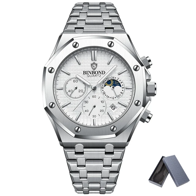 Top Brand Man Casual Watch Luxury Luminous BINBOND B0161 Box Wristwatch Stainless Steel Waterproof Men Date Calendar Clock