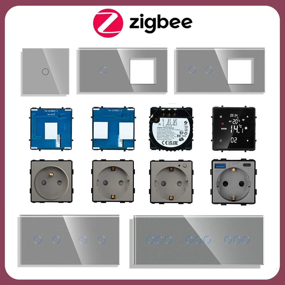 

Умные настенные выключатели ZigBee, запчасти для выключателя и розетки, серая стеклянная панель, детали «сделай сам» для умного дома, стандарт ЕС, нужен нейтральный