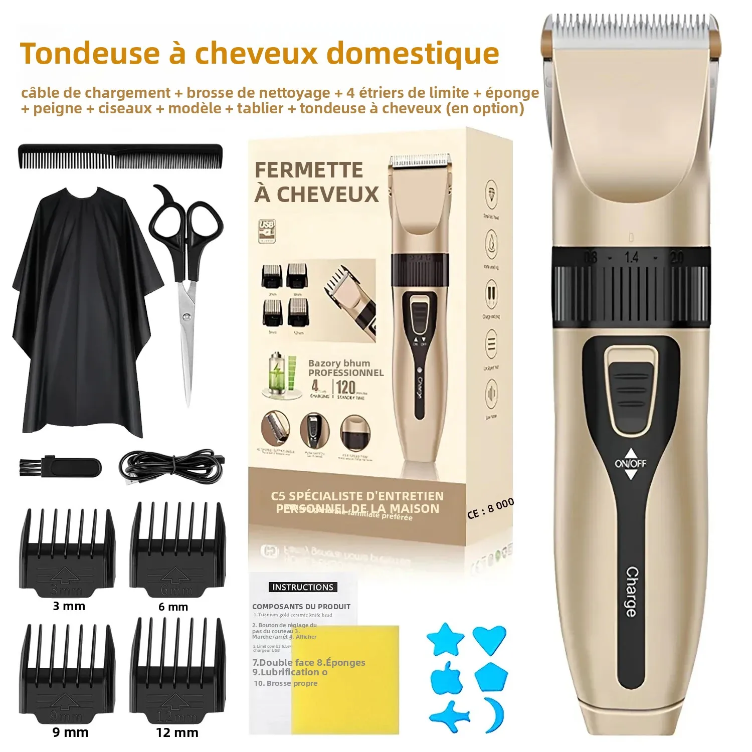Ensemble de tondeuse à cheveux électrique domestique, tondeuse à cheveux à faible bruit et longue durée de vie de la batterie, rasoir rechargeable par USB et outil de coupe de cheveux.